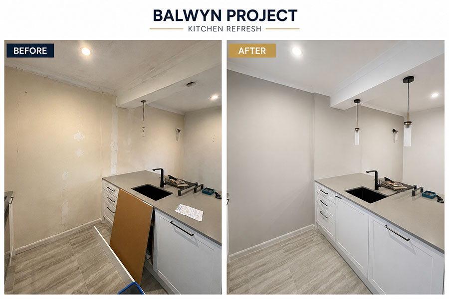 Before and after kitchen interior painting project completed in Balwyn VIC by Perfection Coating