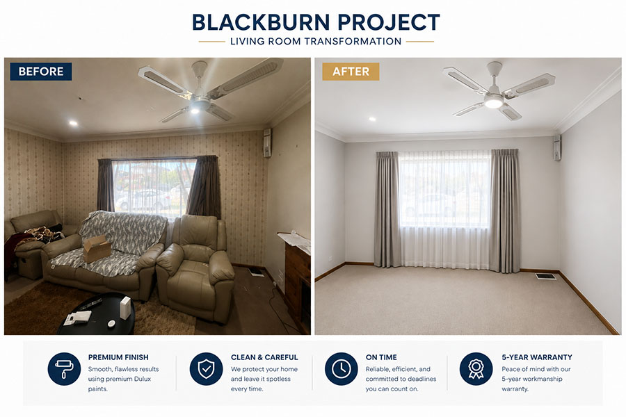 Before and after living room painting and wallpaper refresh completed in Blackburn VIC by Perfection Coating