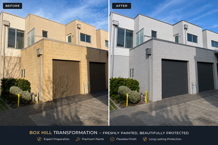 Before and after exterior townhouse painting project completed in Box Hill VIC by Perfection Coating
