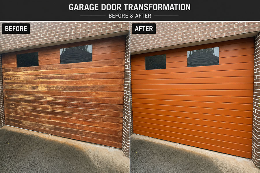 Before and after garage door painting project completed in Doncaster VIC by Perfection Coating