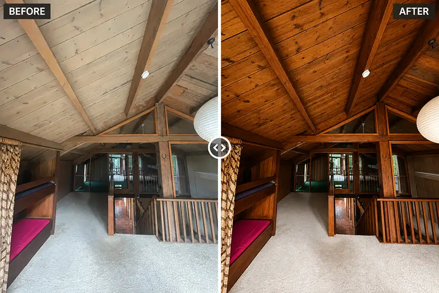 Eltham timber ceiling stain and varnish before and after by Perfection Coating