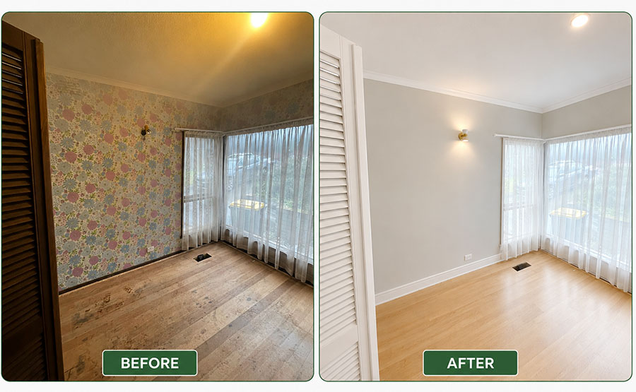 Before and after interior painting and wallpaper removal project completed in Ivanhoe VIC 3079 by Perfection Coating
