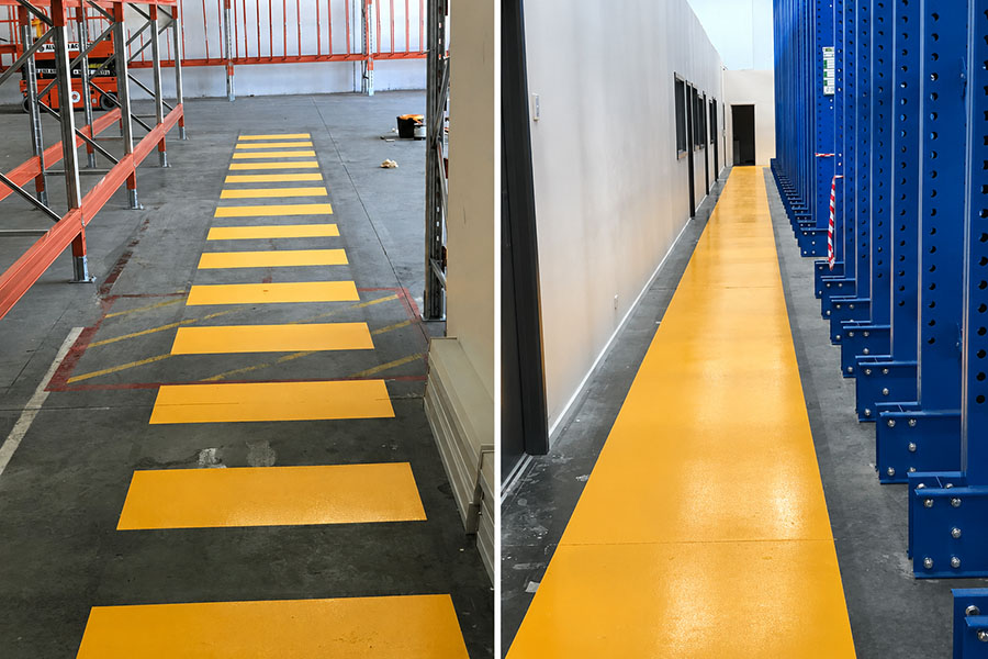 Warehouse pedestrian walkway and safety zone coating project in Melbourne